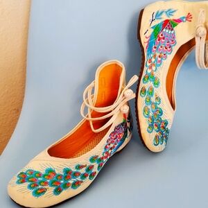 EUC Asian Style Mary Jane HiTop Ankle Flats Shoes Peacock Sz 9